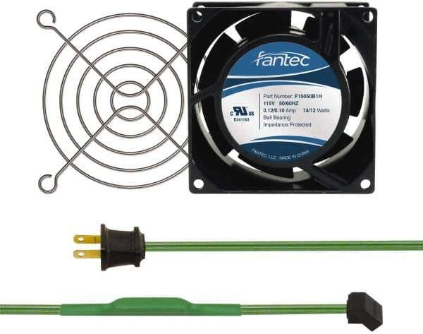 Made in USA - 115 Volts, AC, 31 CFM, Square Tube Axial Fan Kit - 0.18 Amp Rating, 3.15" High x 3" Wide x 38.5mm Deep, Includes Fan, Fan Guard, Thermostatically Controlled Fan Cord - USA Tool & Supply