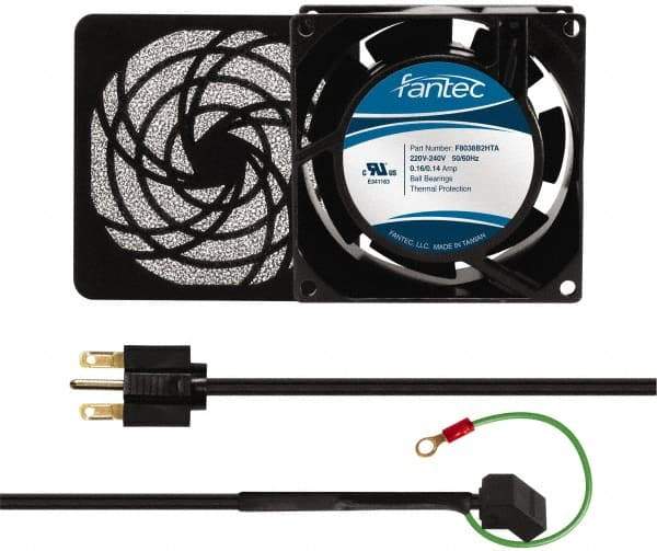 Made in USA - 230 Volts, AC, 32 CFM, Square Tube Axial Fan Kit - 0.06/0.05 Amp Rating, 3.15" High x 3" Wide x 38.5mm Deep, Includes Fan, Fan Guard, Fan Cord - USA Tool & Supply