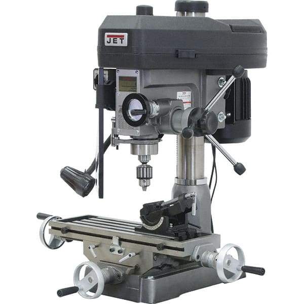 Jet - 1 Phase, 15-7/8" Swing, Step Pulley Mill Drill Combination - 9-1/2" Table Length x 32-1/4" Table Width, 14" Longitudinal Travel, 6" Cross Travel, 12 Spindle Speeds, 2 hp, 115/230 Volts - USA Tool & Supply