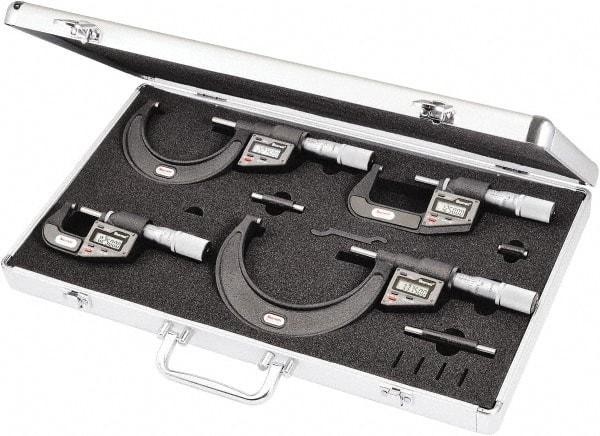 Starrett - 0 to 4" Range, 0.001mm Resolution, 4 Piece Electronic Outside Micrometer Sets - 0.001mm Accuracy, Friction Thimble, Carbide Measuring Face - USA Tool & Supply