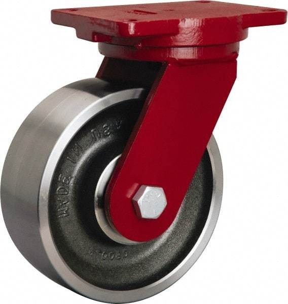 Hamilton - 8" Diam x 3" Wide x 10-1/2" OAH Top Plate Mount Swivel Caster - Forged Steel, 4,000 Lb Capacity, Sealed Precision Ball Bearing, 6-1/8 x 7-1/2" Plate - USA Tool & Supply