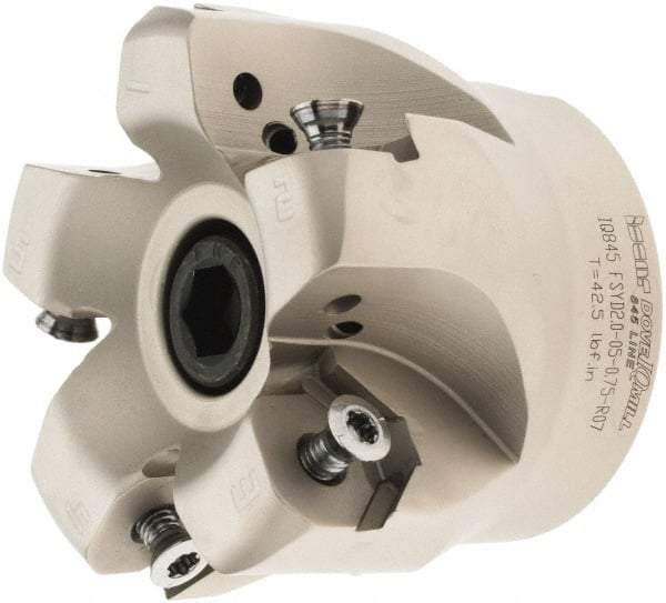 Iscar - 2.37" Cut Diam, 3/4" Arbor Hole, 0.18" Max Depth of Cut, 50° Lead Angle Indexable Chamfer & Angle Face Mills - 5 Inserts, Insert Style IQ845 SYHU 07.., Right Hand Cut, Through Coolant, Series DoveIQMill - USA Tool & Supply