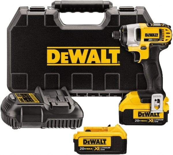 DeWALT - 20 Volt, 1/4" Drive, 117 Ft/Lb Torque, Cordless Impact Driver - Mid-Handle, 2800 RPM, 2 Lithium-Ion Batteries Included - USA Tool & Supply