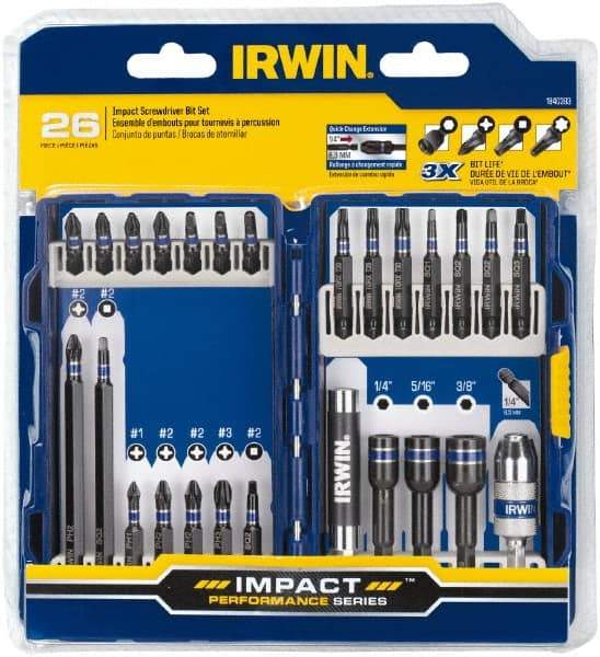 Irwin - 26 Piece, Phillips, Square, Torx, Hex Nutsetter Handle, Drive Set - 1/4 to 3/8" Hex, #1 to #3 - USA Tool & Supply