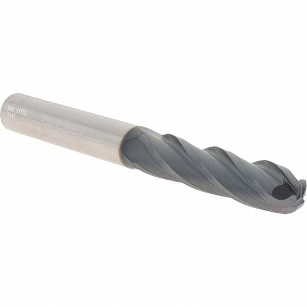 SGS - 1/2" Diam, 2" LOC, 4 Flute Solid Carbide Ball End Mill - AlTiN Finish, Single End, 4-1/2" OAL, 1/2" Shank Diam, Spiral Flute - USA Tool & Supply
