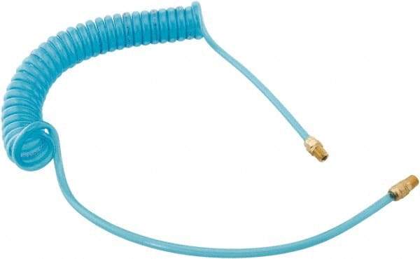 Parker - 3/8" ID, 3/8 Thread, 10' Long, Transparent Blue 95A Shore Durometer Polyurethane Coiled & Self Storing Hose - 140 Max psi, Male Rigid x Male Swivel - USA Tool & Supply