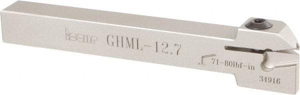 Iscar - GHM, External, Left Hand, 0.189" Max Depth of Cut, 0.157" Max Groove Width, Indexable Grooving Tool Holder - GI.., GPV, TIP Insert Compatibility, 1/2" Shank Height, 1/2" Shank Width, 4-1/2" OAL - USA Tool & Supply