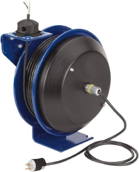 CoxReels - 16 AWG, 75' Cable Length, Cord & Cable Reel with Bare End - 0 Outlets, 13 Amps, 115 Volts, SJO Cable, Blue Reel, Spring Driven Reel - USA Tool & Supply