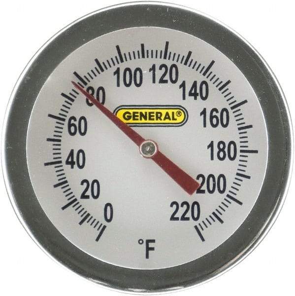 General - 20 Inch Long Stem, 2 Inch Dial Diameter, Back Connected Bi-Metal Thermometer - 220°Fahrenheit - USA Tool & Supply