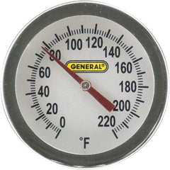 General - 20 Inch Long Stem, 2 Inch Dial Diameter, Back Connected Bi-Metal Thermometer - 220°Fahrenheit - USA Tool & Supply