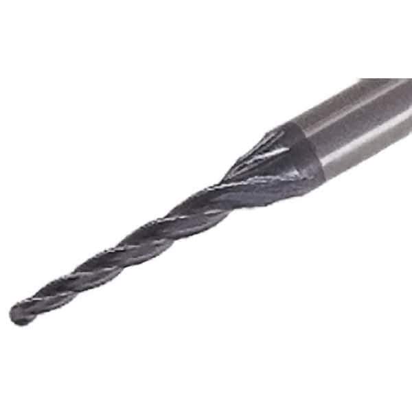 Iscar - 0.5° Taper Angle per Side, 1mm Small End Diam, 12mm LOC, Solid Carbide 4 Flute Tapered Ball End Mill - TiAlN Finish, 45mm OAL, 4mm Shank Diam, Spiral Flute, 25° Helix - USA Tool & Supply