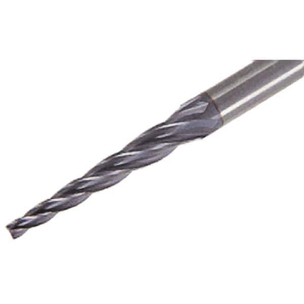 Iscar - 2° Taper Angle per Side, 1.2mm Small End Diam, 8mm LOC, Solid Carbide 4 Flute Tapered Square End Mill - TiAlN Finish, 45mm OAL, 4mm Shank Diam, Spiral Flute, 25° Helix - USA Tool & Supply