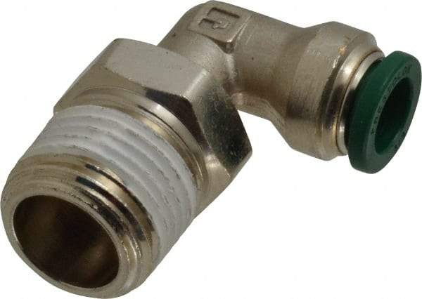 Parker - 3/8" Outside Diam, 1/2 NPTF, Nickel Plated Brass Push-to-Connect Tube Male Swivel Elbow - 300 Max psi, Tube to Male NPT Connection, Buna-N O-Ring - USA Tool & Supply