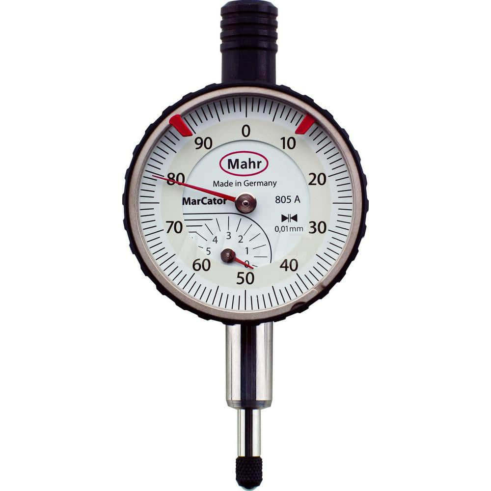 Mahr - Dial Drop Indicators; Maximum Measurement (Inch): 0.2 ; Maximum Measurement (mm): 5.00 ; Dial Graduation (mm): 0.0100 ; Dial Graduation (Decimal Inch): 0.000400 ; Dial Reading: 0-100 ; Dial Diameter (mm): 34.00 - Exact Industrial Supply