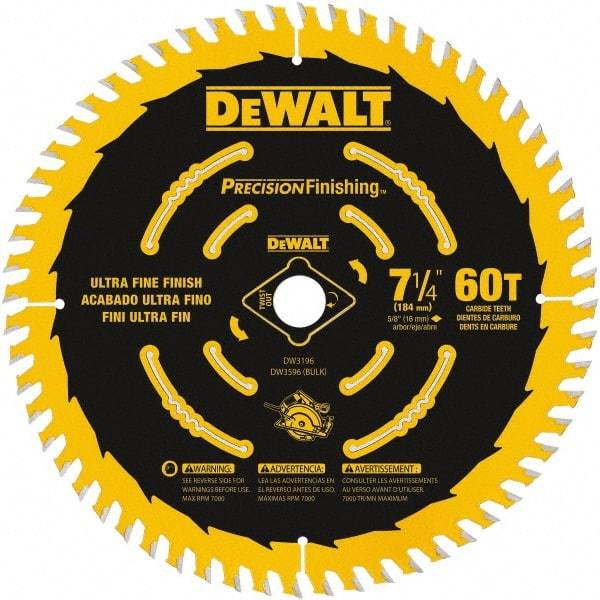 DeWALT - 7-1/4" Diam, 5/8" Arbor Hole Diam, 60 Tooth Wet & Dry Cut Saw Blade - Carbide-Tipped, Diamond Arbor - USA Tool & Supply