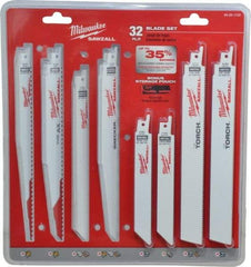 Milwaukee Tool - 32 Piece, 6" to 9" Long x 0.04" to 0.05" Thick, Bi-Metal Reciprocating Saw Blade Set - Straight Profile, 5-8 to 24 Teeth per Inch, Toothed Edge - USA Tool & Supply