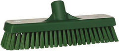 Vikan - 1.7" Bristle Length, Polyester Scrub Brush - 11-1/4" Long x 3" Wide Head, 12" OAL, European Threaded Handle, Green, Polypropylene Block - USA Tool & Supply