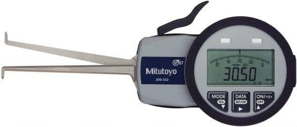 Mitutoyo - 0.0472 Inch Groove Width, 0.2047 Inch Groove Depth, 0.39 to 1.18 Inch, Ball/Ball Inside Electronic Caliper Gage - 0.0005 Inch Resolution, 0.0015 Inch Accuracy, 0.0394 Inch Tip Diameter, 3.3465 Inch Leg Length, Data Output, AA Battery - USA Tool & Supply