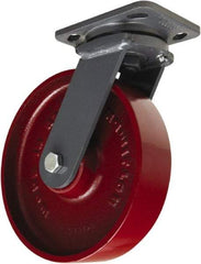 Hamilton - 8" Diam x 2" Wide x 9-1/2" OAH Top Plate Mount Swivel Caster - Cast Iron, 1,500 Lb Capacity, Sealed Precision Ball Bearing, 4 x 5" Plate - USA Tool & Supply