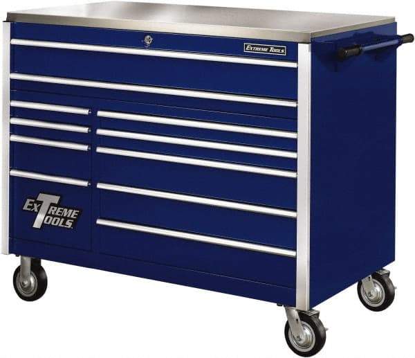 EXTREME TOOLS - 11 Drawer Steel Tool Roller Cabinet - 55" Wide x 46-3/8" High x 30" Deep, Ball Bearing Drawer Slides, Blue - USA Tool & Supply
