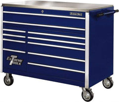 EXTREME TOOLS - 11 Drawer Steel Tool Roller Cabinet - 55" Wide x 46-3/8" High x 30" Deep, Ball Bearing Drawer Slides, Blue - USA Tool & Supply