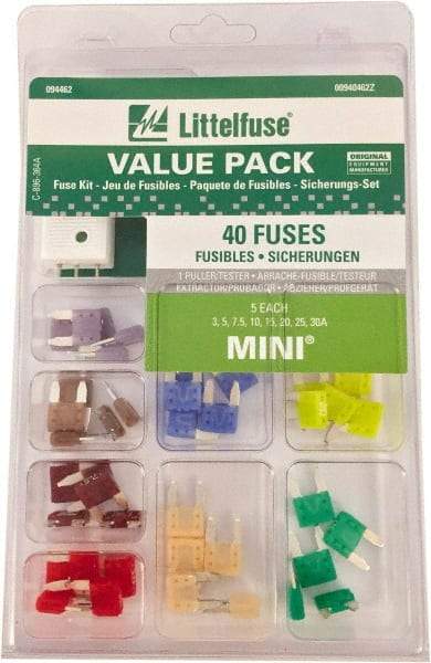 Littelfuse - Fuse Service Kits Compatible Fuse Class: ATO Includes: 5 each of 3, 5, 7.5, 10, 15, 20, 25, 30 amp mini fuses and one tester/puller - USA Tool & Supply