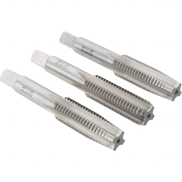 Made in USA - M14x2.00 Metric Coarse, 4 Flute, Bottoming, Plug & Taper, Bright Finish, High Speed Steel Tap Set - Right Hand Cut, 3-19/32" OAL, 1-21/32" Thread Length - USA Tool & Supply