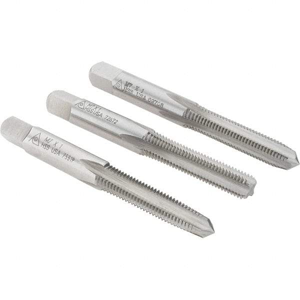 Made in USA - M7x1.00 Metric Coarse, 4 Flute, Bottoming, Plug & Taper, Bright Finish, High Speed Steel Tap Set - Right Hand Cut, 2-23/32" OAL, 1-1/8" Thread Length - USA Tool & Supply