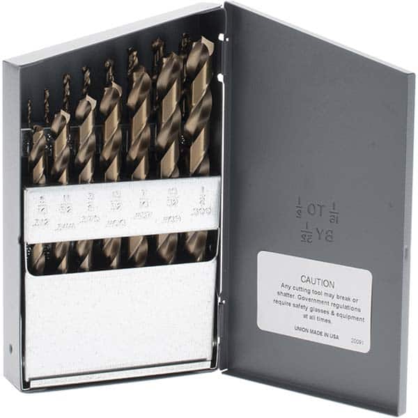 Made in USA - 1/16 to 1/2", 135° Point, Bright Finish, Cobalt Jobber Length Drill Bit Set - USA Tool & Supply