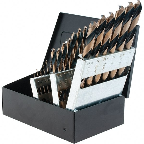 Made in USA - 1 to 13mm, 135° Point, Oxide/Gold Finish, High Speed Steel Jobber Length Drill Bit Set - USA Tool & Supply
