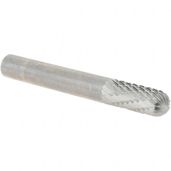 Made in USA - 1/4" Cut Diam, 1/4" Shank Diam, Cylinder with Radius Head Double Cut Burr - Carbide, Radius End, 5/8" LOC, 2" OAL - USA Tool & Supply