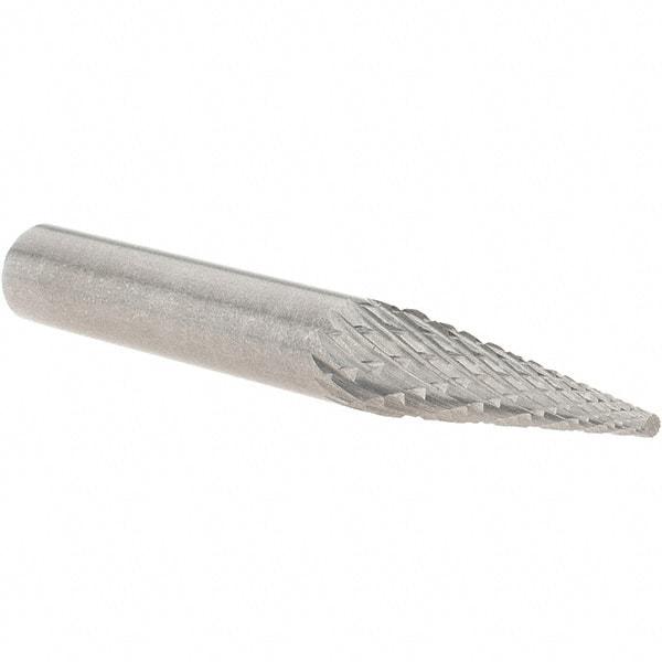 Made in USA - 1/4" Cut Diam, 1/4" Shank Diam, Cone Head Double Cut Burr - Carbide, Point End, 3/4" LOC, 2" OAL - USA Tool & Supply
