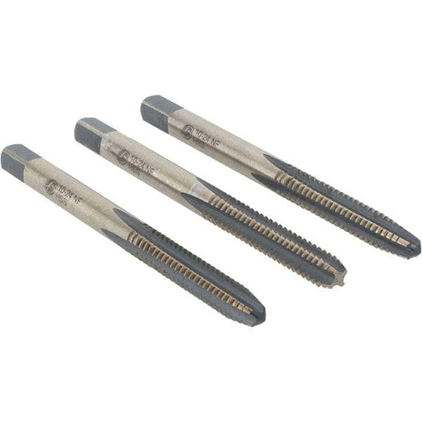 Import - #10-24 UNC, 4 Flute, Bottoming, Plug & Taper, Oxide/Gold Finish, High Speed Steel Tap Set - 2-3/8" OAL - Exact Industrial Supply