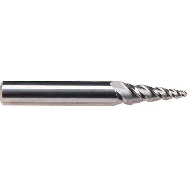 Emuge - 8° Taper Angle per Side, 5.28mm Small End Diam, 19mm LOC, Solid Carbide 3 Flute Tapered Ball End Mill - 63mm OAL, 8mm Shank Diam, Spiral Flute, 45° Helix - USA Tool & Supply