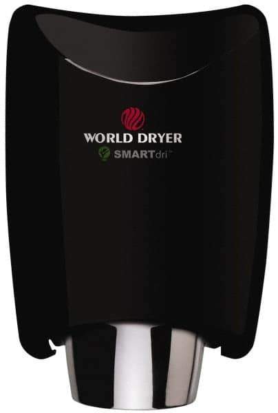 World Dryer - 1250 Watt Black Finish Electric Hand Dryer - 208/230 Volts, 1.8-5.2 Amps, 9-21/64" Wide x 12-1/2" High x 7-5/8" Deep - USA Tool & Supply