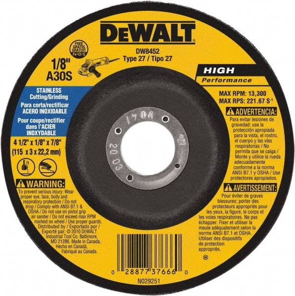 DeWALT - 30 Grit, 4-1/2" Wheel Diam, 1/8" Wheel Thickness, 7/8" Arbor Hole, Type 27 Depressed Center Wheel - Aluminum Oxide, 13,300 Max RPM, Compatible with Angle Grinder - USA Tool & Supply