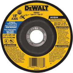 DeWALT - 30 Grit, 4-1/2" Wheel Diam, 1/8" Wheel Thickness, 7/8" Arbor Hole, Type 27 Depressed Center Wheel - Aluminum Oxide, 13,300 Max RPM, Compatible with Angle Grinder - USA Tool & Supply
