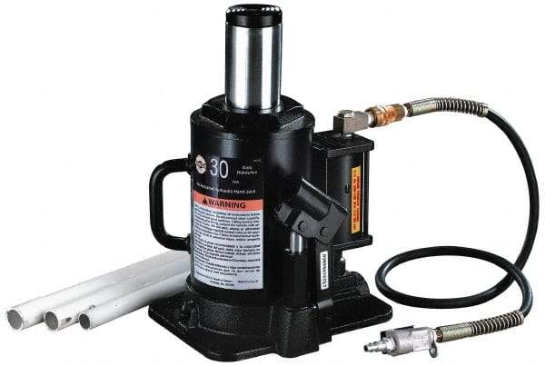 Omega Lift Equipment - 30 Ton Capacity Air-Actuated Bottle Jack - 11" to 18" High, 7" Piston Stroke, 2-1/2" Plunger Diam, 8-1/4" Wide Base - USA Tool & Supply