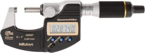 Mitutoyo - 0 to 1 Inch Range, 0.0001 Inch Resolution, Rapid Measurement, IP65 Electronic Outside Micrometer - 0.0001 Inch Accuracy, Ratchet Stop Thimble, Carbide Face, SR44 Battery, Plastic Case, Includes NIST Traceable Certification of Inspection - USA Tool & Supply