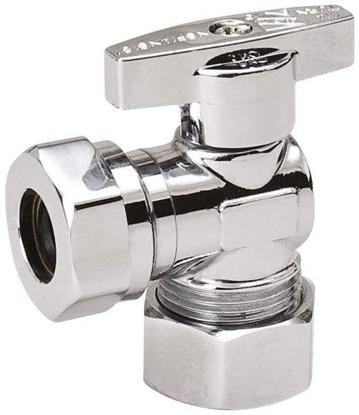 Value Collection - Compression 5/8 Inlet, 125 Max psi, Chrome Finish, Brass Water Supply Stop Valve - 7/16 Compression Outlet, Angle, Chrome Handle, For Use with Any Water Supply Shut Off Application - USA Tool & Supply