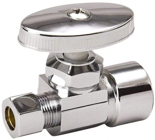 Value Collection - FIP 1/2 Inlet, 125 Max psi, Chrome Finish, Brass Water Supply Stop Valve - 3/8 Compression Outlet, Straight, Chrome Handle, For Use with Any Water Supply Shut Off Application - USA Tool & Supply