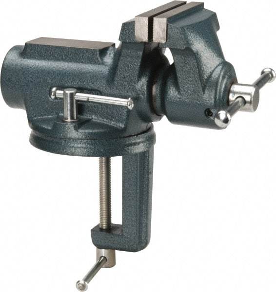 Wilton - 4" Jaw Width, 2-1/4" Opening Capacity, 2" Throat Depth, Steel Swivel Bench Vise - Clamp-On Base Attachment, 10" Long x 5.4" Wide x 10.1" High - USA Tool & Supply