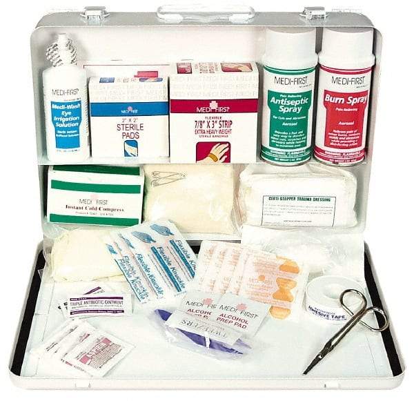 Medique - 98 Piece, 20 Person, Multipurpose/Auto/Travel First Aid Kit - 14" Wide x 3" Deep x 9-1/2" High, Metal Case - USA Tool & Supply