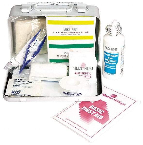 Medique - 52 Piece, 5 Person, Multipurpose/Auto/Travel First Aid Kit - 7-3/4" Wide x 2-3/4" Deep x 4-3/4" High, Metal Case - USA Tool & Supply