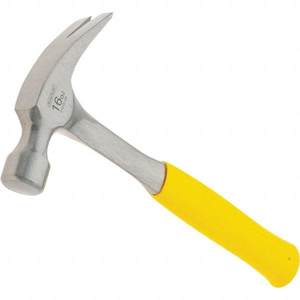 Stanley - 16 oz Head, Curved Claw Hammer - 12.8" OAL, Steel Head, 1.1" Face Diam, Smooth Face, Steel Handle with Grip - USA Tool & Supply