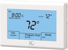 iO HVAC Controls - 41 to 122°F, Heat Pump (3 Heat, 2 Cool), Multi-Stage (2 Heat, 2 Cool), Digital Touchscreen Programmable Thermostat - 24 Volts, 1-1/4" Inside Depth x 3-3/4" Inside Height x 5-3/4" Inside Width, 2 Screw Mount, SPDT Switch - USA Tool & Supply