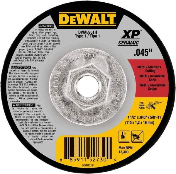 DeWALT - 4-1/2" Ceramic Cutoff Wheel - 0.045" Thick, 5/8-11 Arbor, 13,300 Max RPM, Use with Angle Grinders - USA Tool & Supply