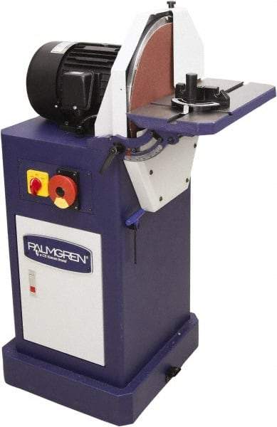 Palmgren - 16" Diam, 1,750 RPM, Single Phase Disc Sanding Machines - 18-9/16" Long Table x 8-1/2" Table Width, 27-27/32" Overall Length x 44-7/16" Overall Height - USA Tool & Supply