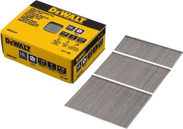 DeWALT - 16 Gauge 2-1/2" Long Finishing Nails for Power Nailers - Steel, Bright Finish, Smooth Shank, Angled Stick Collation, Round Head, Chisel Point - USA Tool & Supply