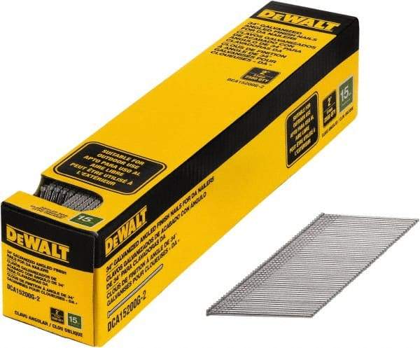 DeWALT - 15 Gauge 2" Long Finishing Nails for Power Nailers - Steel, Galvanized Finish, Smooth Shank, Angled Stick Collation, Round Head, Chisel Point - USA Tool & Supply